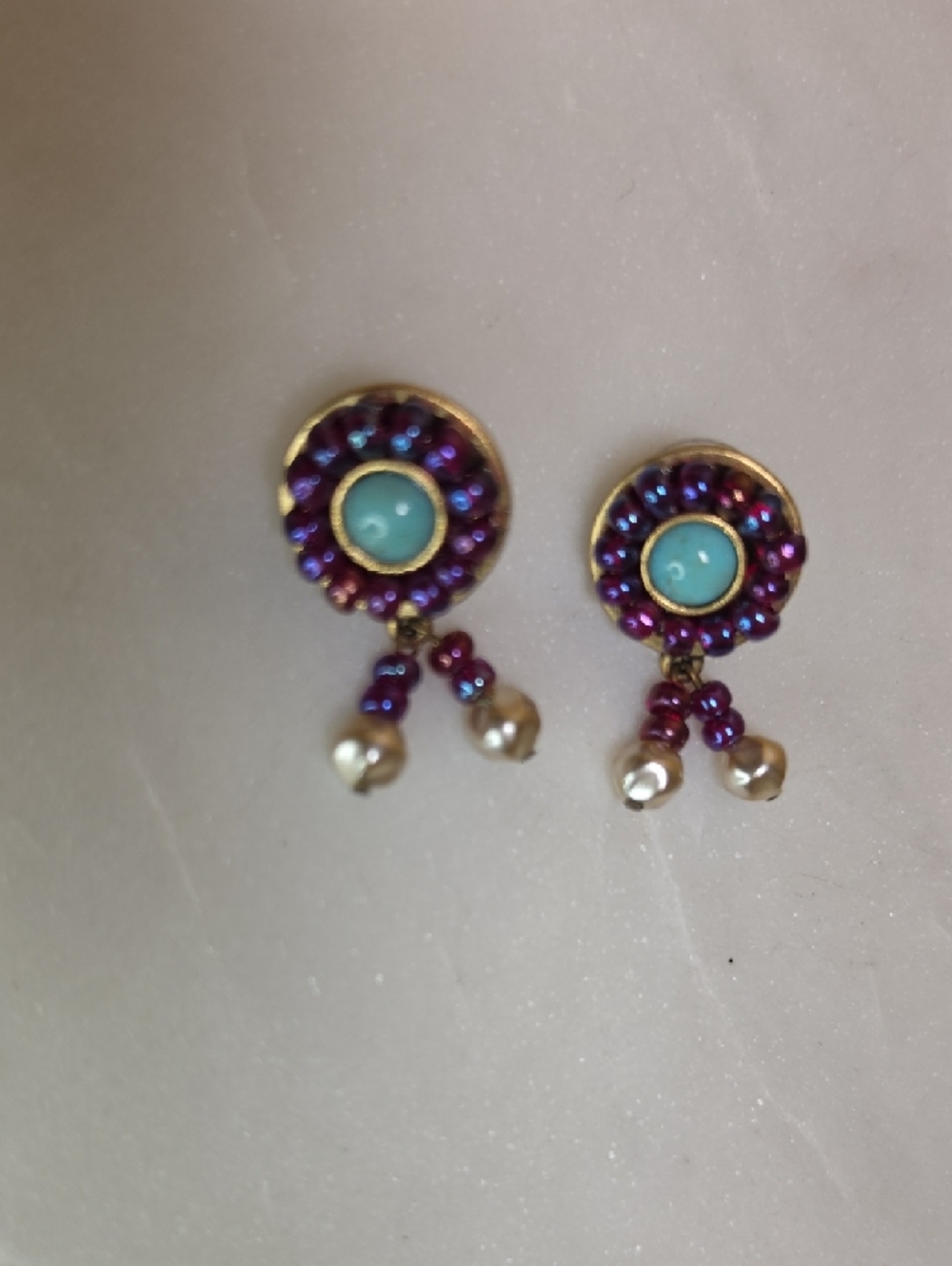 Chico's Turquoise Center Burgundy Beaded Drop Earrings